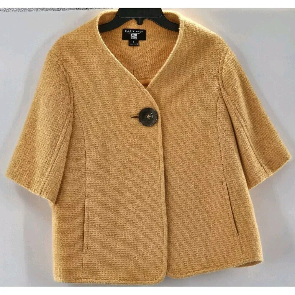 Ellen Tracy Mustard Yellow Angora & Wool Blend One Button Coat Sz 8 Pockets